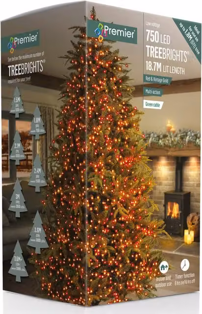 Premier Treebrights 750 LED Vintage Christmas Tree Lights with Timer in Red and Gold
