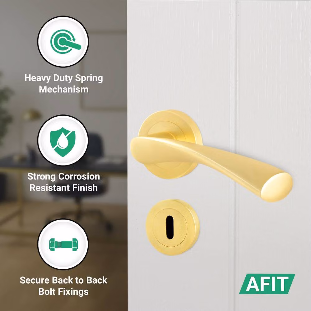 AFIT Novi Satin Brass Door Handle Pair with 64mm Sash Lock Escutcheon, Gold, W/D/H: 15 x 15 x 1.52 cm – 2
