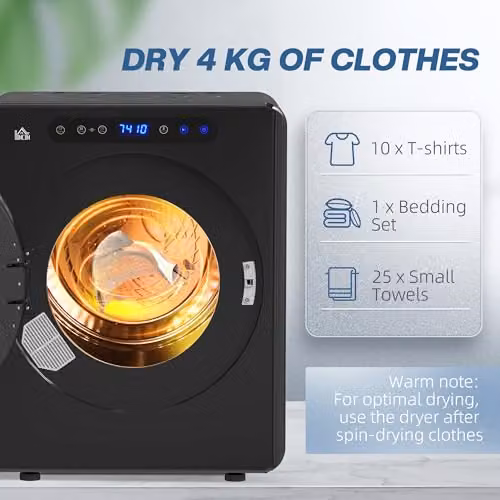 HOMCOM Vented Front Loader Tumble Dryer, 5kg Wet Laundry/3kg Dry Capacity, 1000W, Black – 4