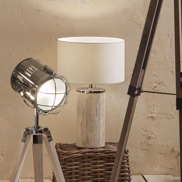 Pacific Lifestyle Modern Cylinder Tabletop Lamp in White, Grey and Wood