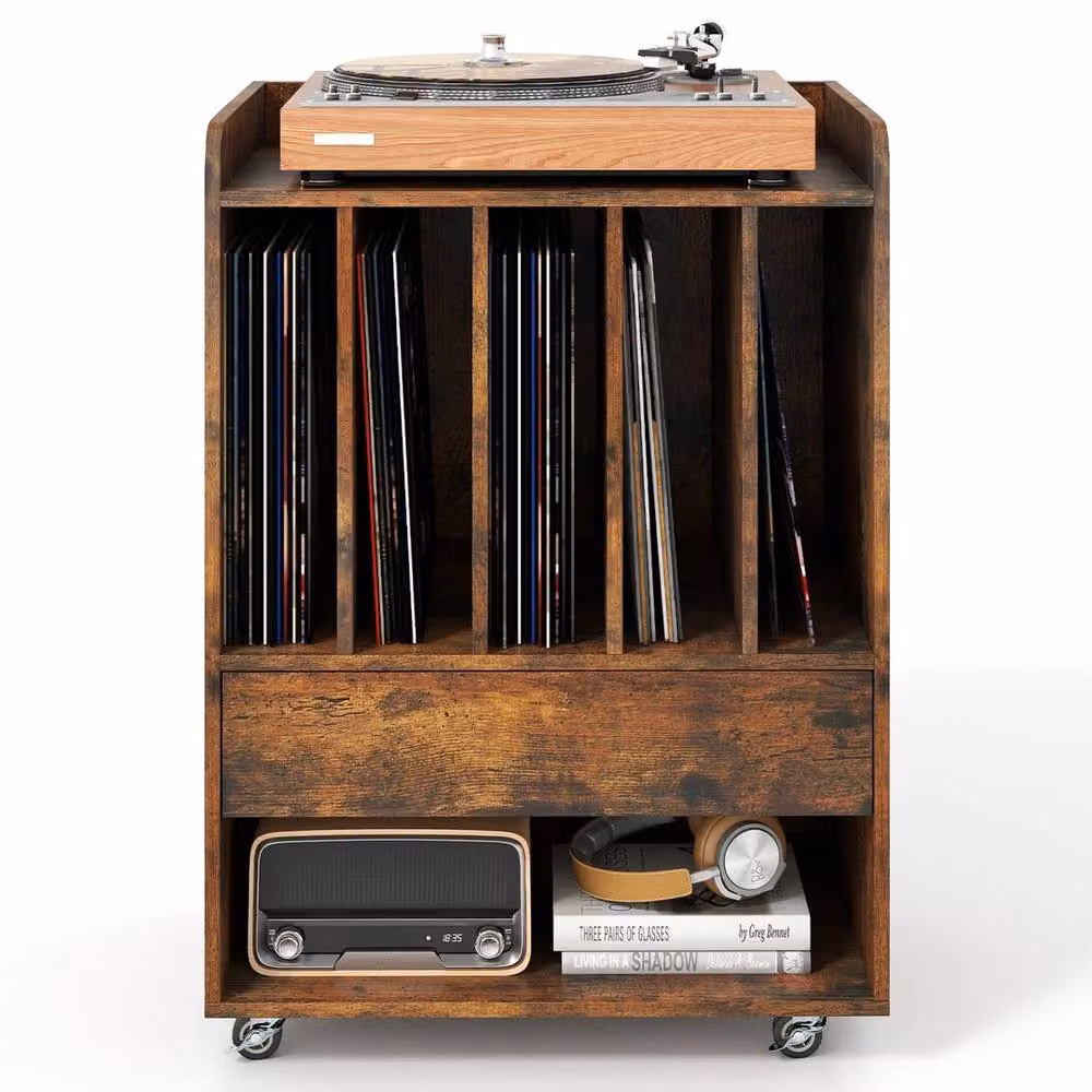 VOGREX Mobile Record Player Cabinet with Castors, Brown – 3