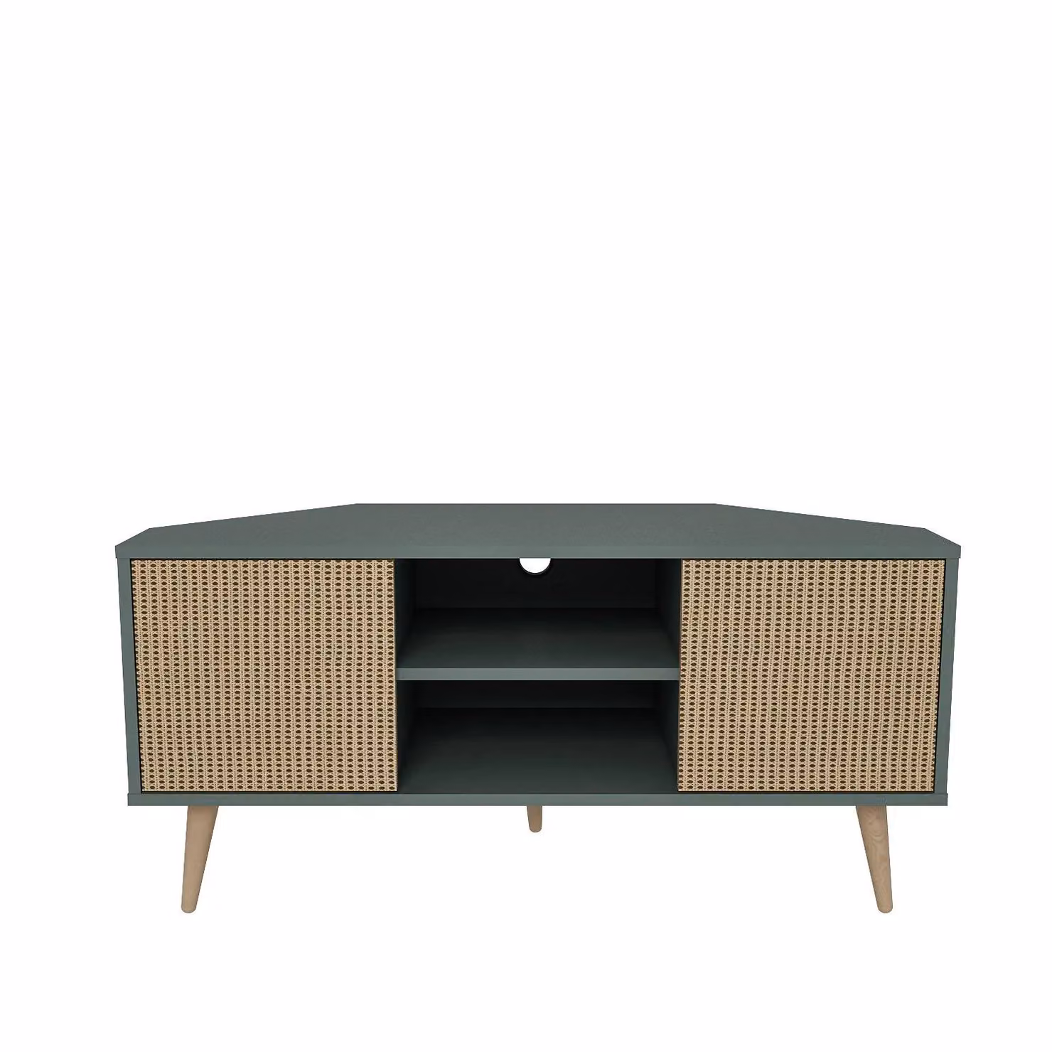 Decorotika Lesson Corner TV Unit in Green with Rattan Details and Cable Management, Width: 120 cm – 2
