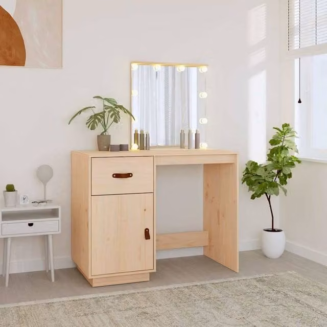 Berkfield Home Beautiful Dressing Table with Hollywood LED, Natural Solid Pine Wood, W/D/H: 95 x 50 x 133.5 cm