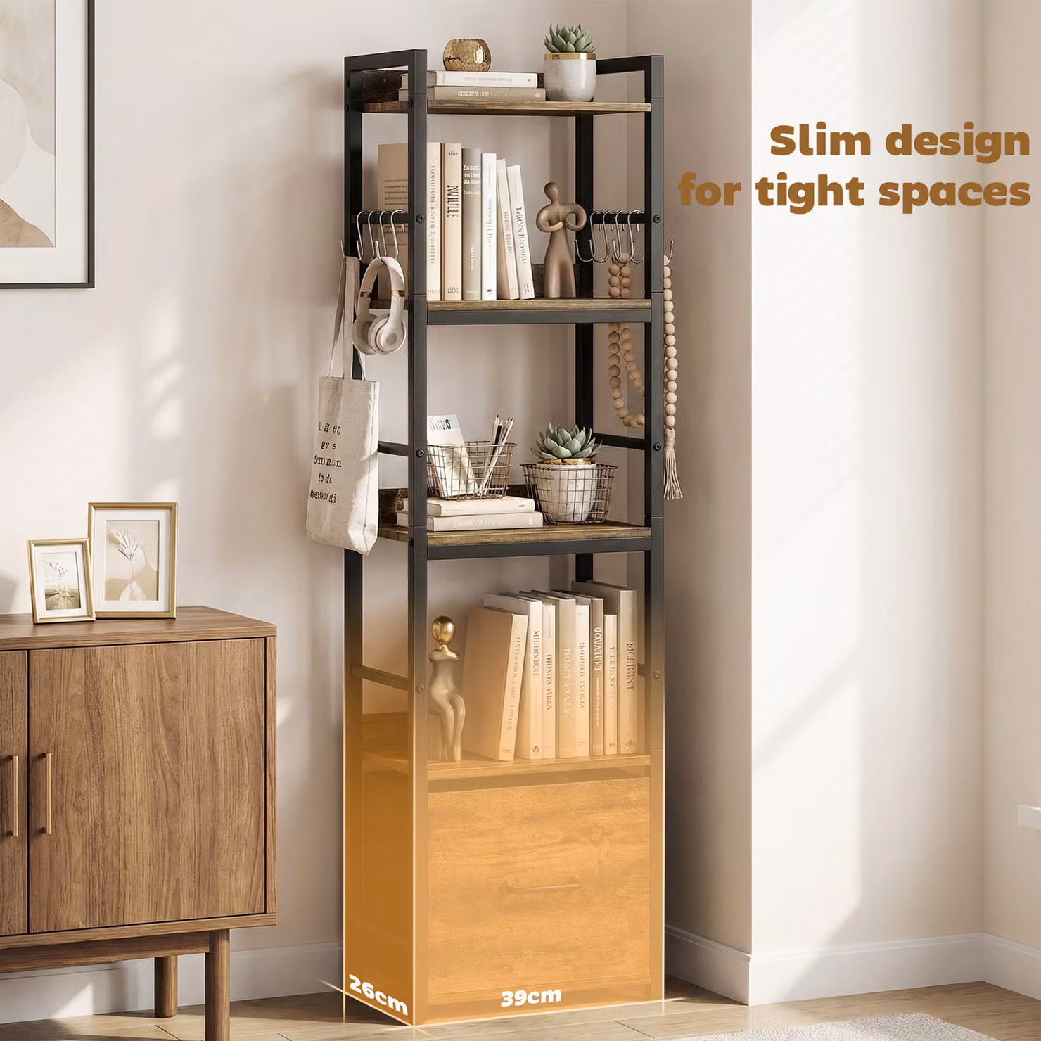 HOMCOM 4-Tier Narrow Bookshelf with Drawer and 8 Hooks in Rustic Brown Metal and MDF – 4