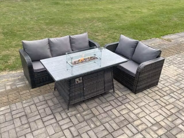 Fimous 3 Piece Rattan Garden Furniture Set with Gas Fire Pit Table in Dark Grey