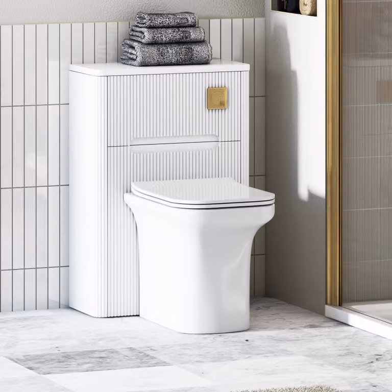 Avenza Matte White Wall Mounted BTW WC Unit with Crosby Rimless Ceramic Toilet Pan, Soft Close Seat and Cistern, Width: 55 cm