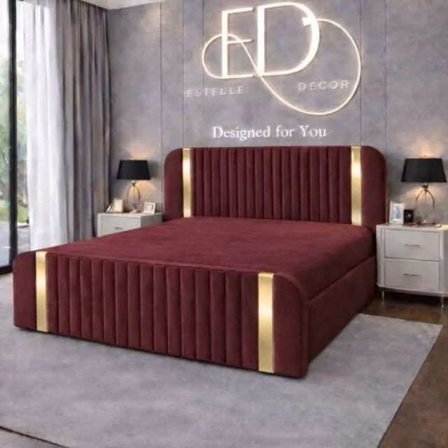 Stratus Interiors Aura Rounded Panel Bed Frame in Red Velvet with Gold Accents, King Size (W: 150 cm, D: 200 cm) – 1