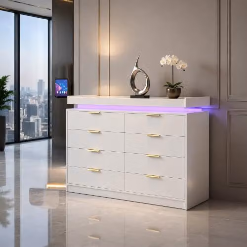 Harmin Modern White 8-Drawer LED Dresser with Gold Handles, W: 116 cm, D: 40 cm, H: 102 cm
