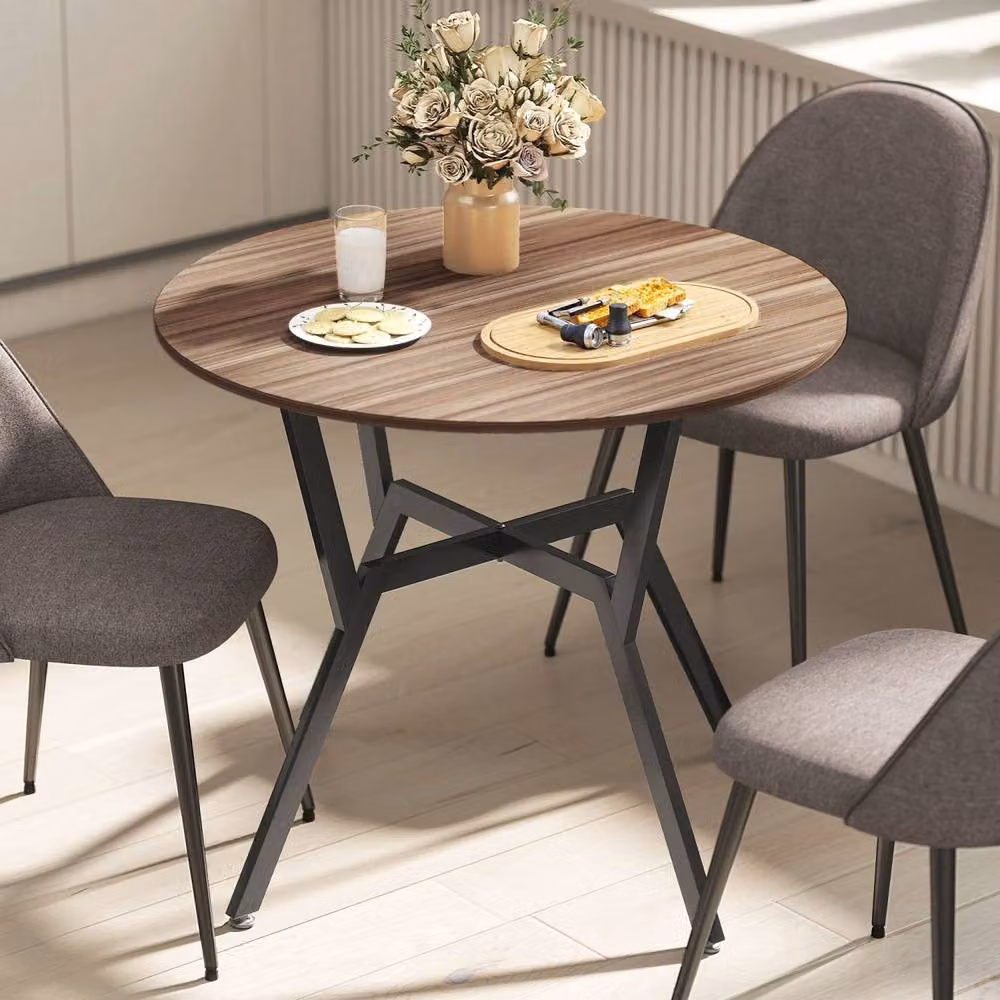 Wyld Haus Doveno Round Dining Table with Brown Wood Effect Top and Black Metal Frame, Diameter: 90 cm, Height: 76 cm – 9