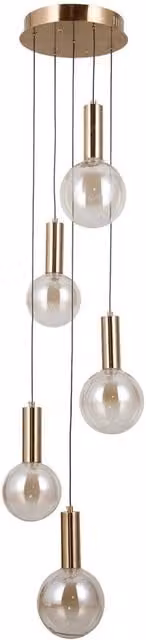 Netlighting Strela Cluster Pendant Ceiling Light in Gold/Brass with 5x Transparent Glass Spheres and Warm White LED