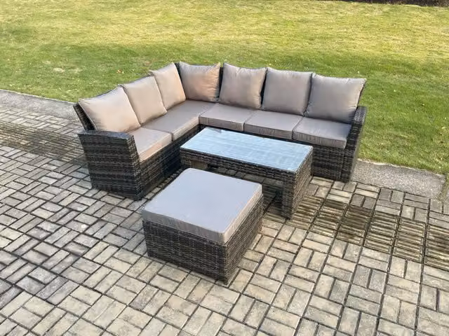 Fimous 7 Seat Rattan Garden Furniture Set with Corner Sofa, Coffee Table and Ottoman in Dark Grey