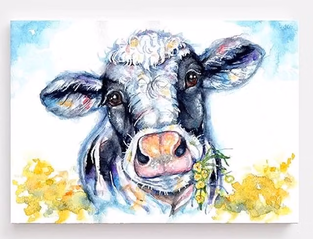 BebesArts Watercolor Canvas Print of Frisian Cow with Buttercups, Multicolour, W: 20.32 cm, H: 30.48 cm