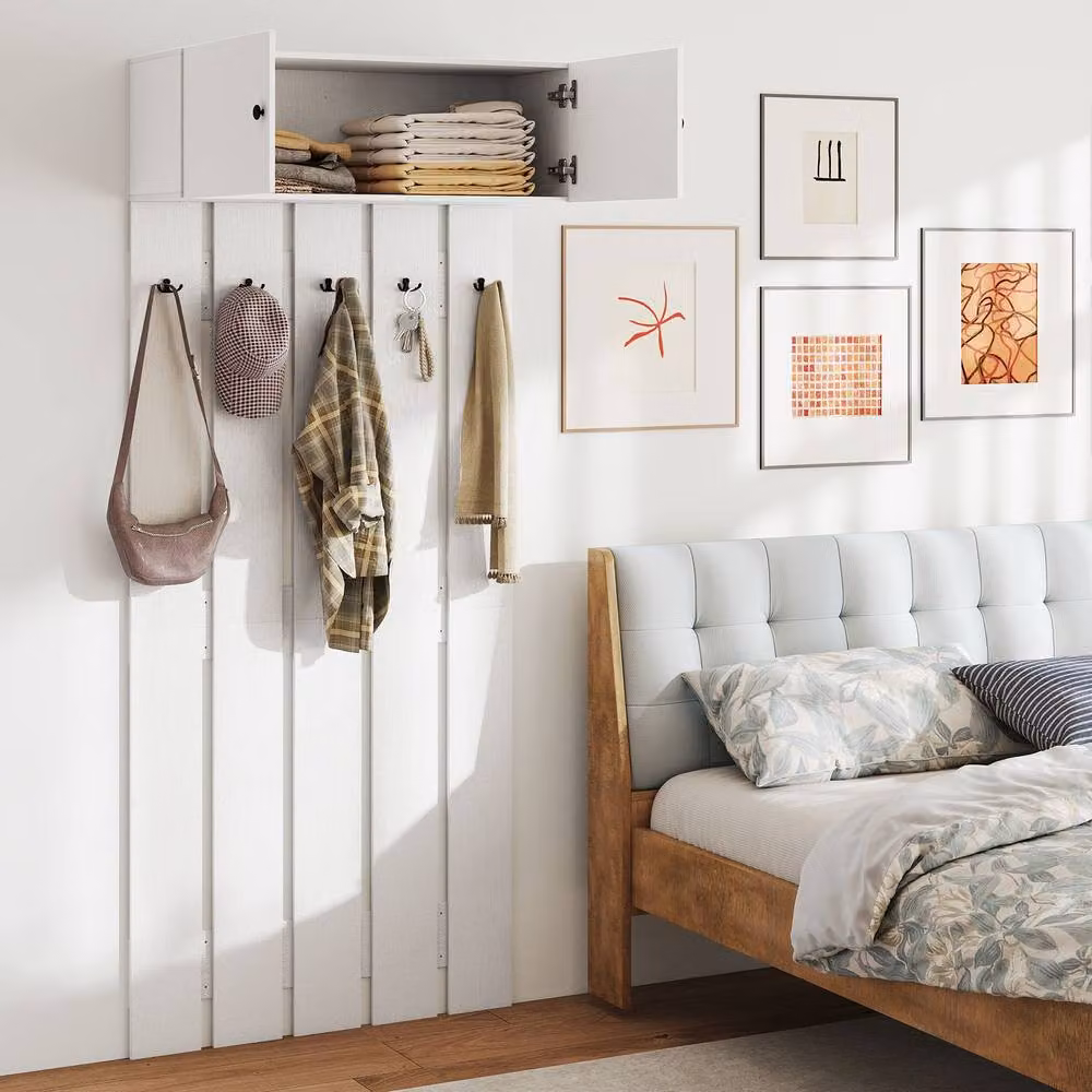 Costway Wall Mounted Entryway Coat Rack in White with Rubberwood and Metal Construction – 2