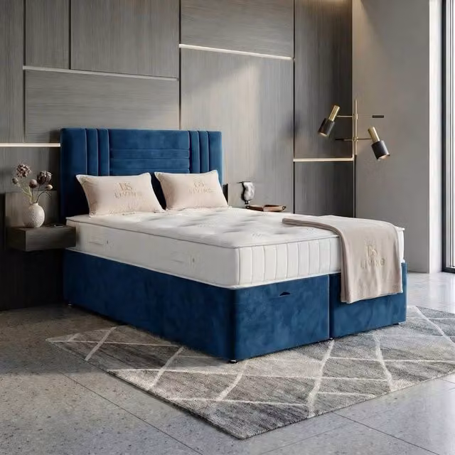 DS Living Orion Blue Velvet Upholstered Ottoman Bed, W/D/H: 140 x 200 cm