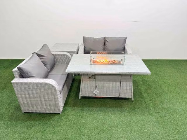 Fimous 4 Seater Rattan Garden Furniture Set with Firepit Dining Table and Side Table in Light Grey