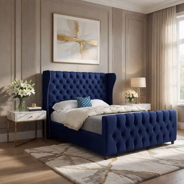 KDMD Kilburn Double Upholstered Velvet Designer Bed Frame in Blue, W/D/H: 140 x 200 x 137 cm