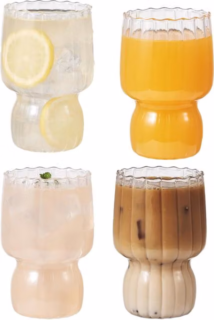 Eden & Willow Set of 4 Striped Ribbed Borosilicate Glass Tumblers in Transparent Beige