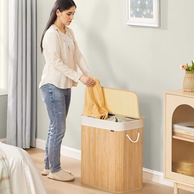The Bazaarist Dual-Section Bamboo Laundry Hamper with Lid and Removable Cotton Bags, Brown, Collapsible Design