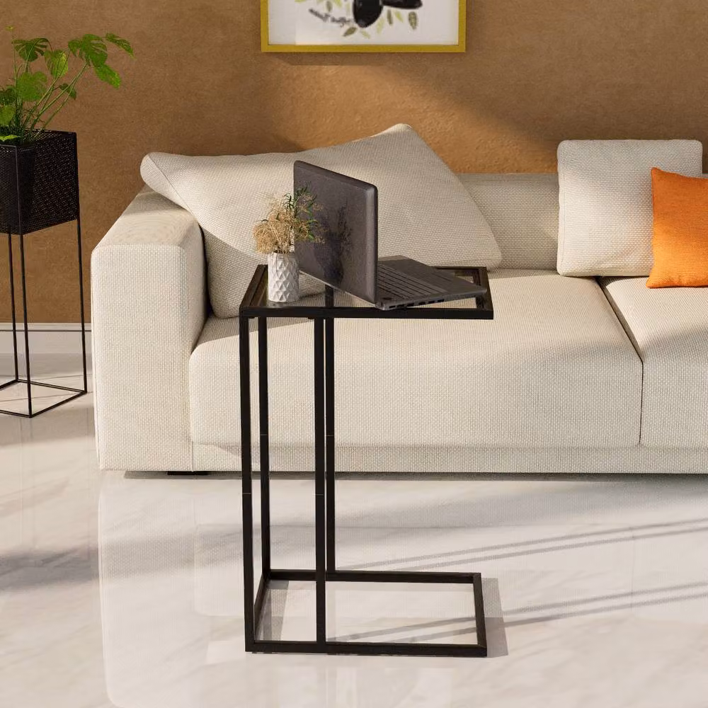 Huhote Set of 2 C-Shaped End Tables with Black Glass Top and Metal Frame – 2