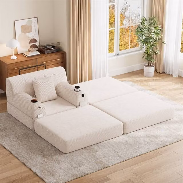 Direct Wicker Cord Convertible Sleeper Chair with Ottoman in Beige