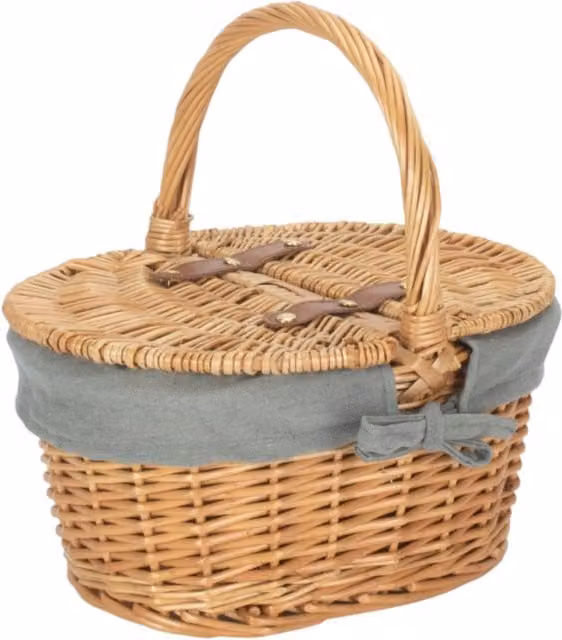 Red Hamper Wicker Child's Oval Lined Lidded Picnic Basket in Grey and Red