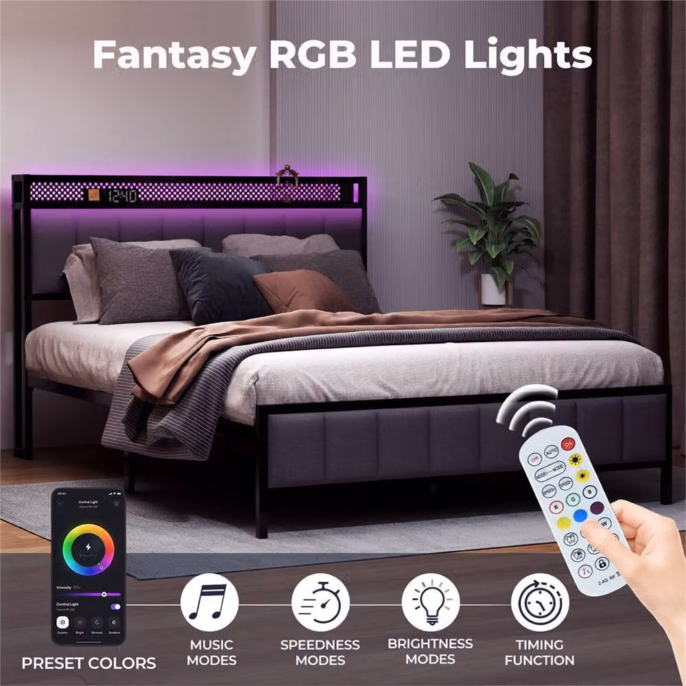 Nordara Modern Upholstered EU King Ottoman Bed Frame with Under-Bed LED Lighting, USB Charging Port and Storage in Black, W/D/H: 180 x 200 cm – 5