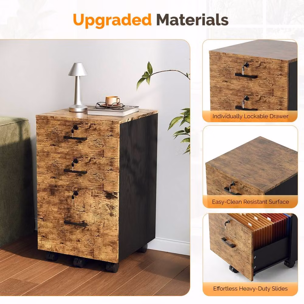 EONLION Brown Wooden 3-Drawer Rolling File Cabinet with Castors – 3