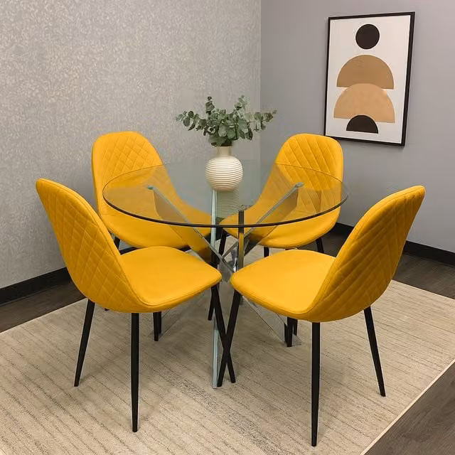 Kosy Koala Modern Round Glass Dining Table with 4 Yellow Leather Chairs