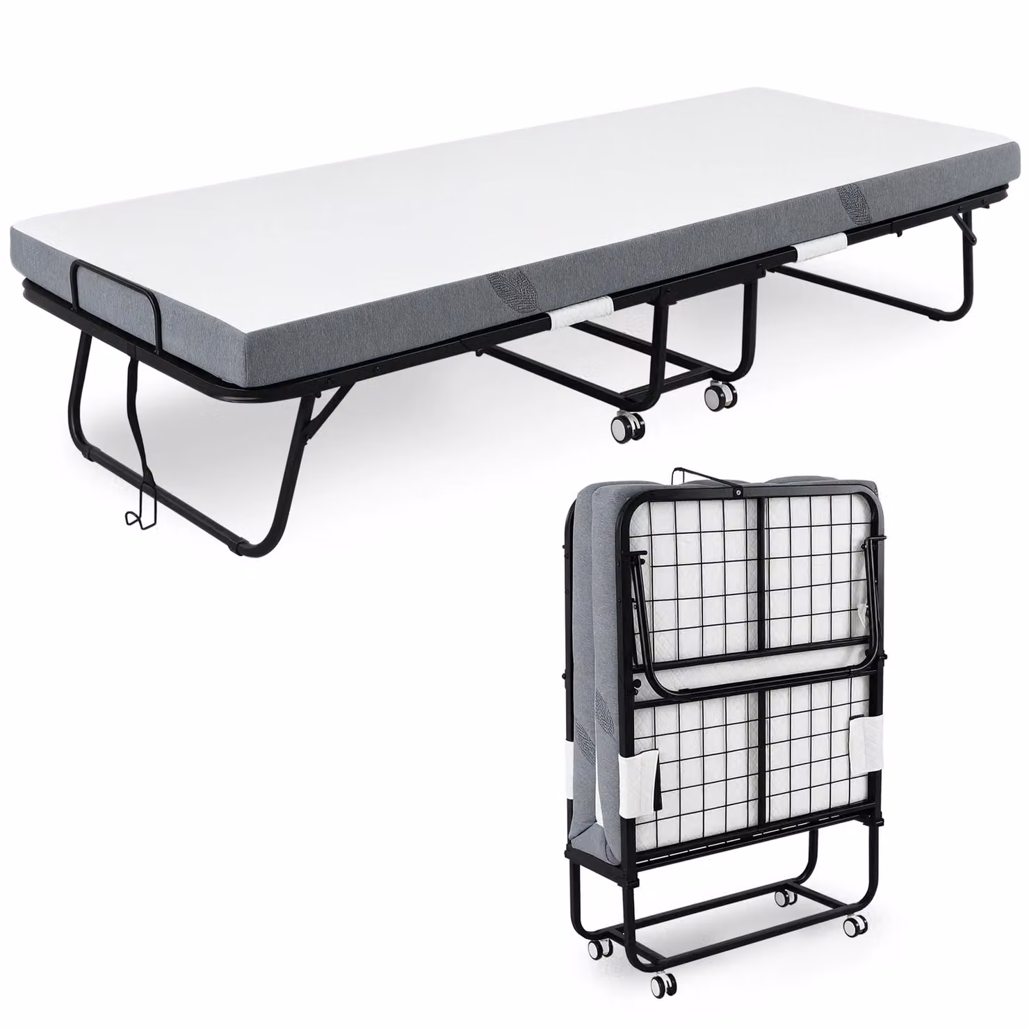 HOMCOM Folding Rollaway Bed with 10cm Mattress and Metal Frame in White, W/D/H: 90 x 190 cm – 2