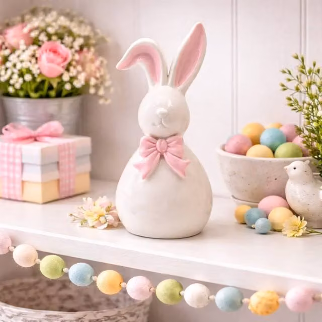 Eggstraordinary Gift Co. Bunny With Pink Bow Ceramic Figurine in White, Pink and Multicolour