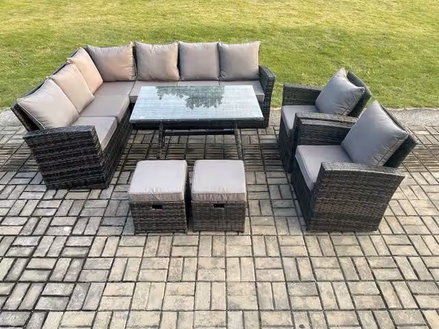 Fimous High Back Rattan Corner Sofa and Dining Table Set with Armchairs, Left Corner, Dark Grey