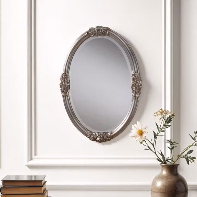 Yearn Classic Rose Detailed Oval Wall Mirror in Silver