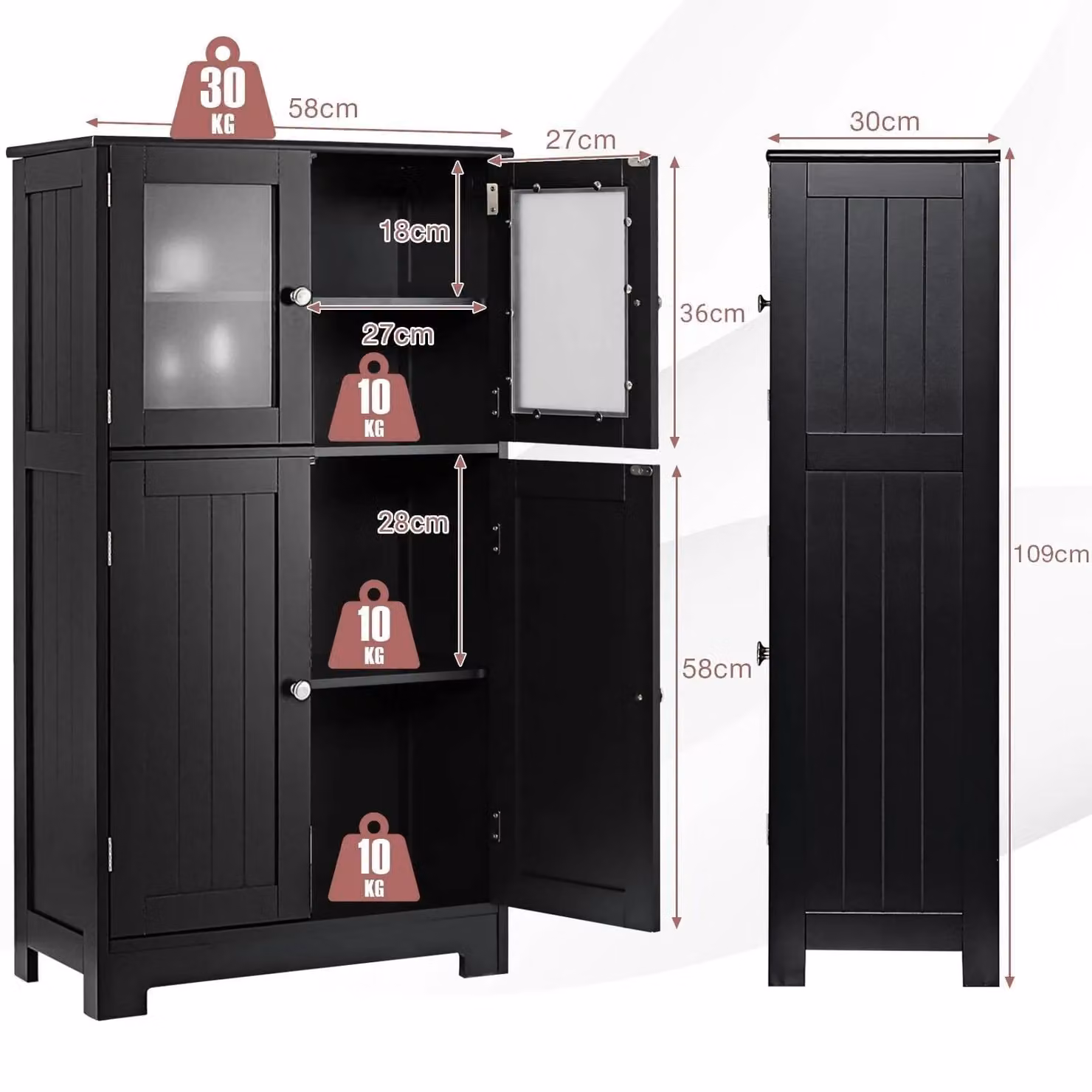 Costway Black Freestanding Bathroom Floor Cabinet with 2 Tempered Glass Doors and Internal Shelves – 2