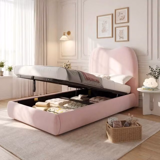 Merax Single Velvet Upholstered Ottoman Storage Bed in Pink, W/D/H: 90 x 190 cm
