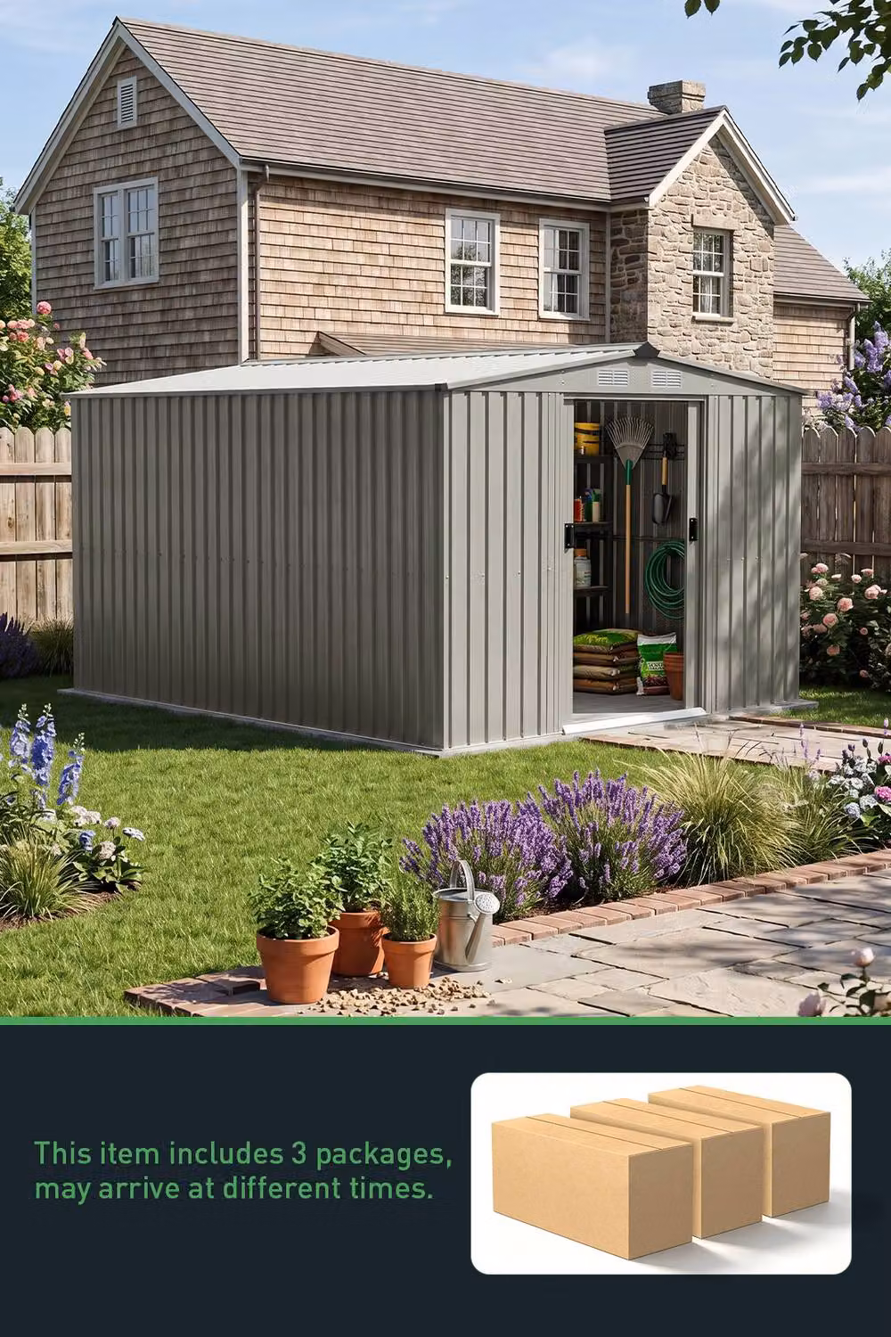 Living and Home Large Metal Garden Tool Storage Shed with Double Doors, Grey, W: 304.8 cm, D: 243.84 cm, H: 7.43 cm – 2
