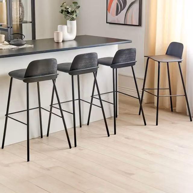Wyld and Coco Set of 4 Modern Black Counter Height Bar Stools with Matt Metal Legs and Synthetic Seats, Height: 90 cm