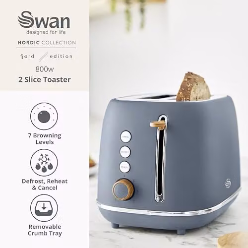 Swan Fjord 2 Slice Toaster, 800W, Grey with Wooden Accents, ST19030GRY – 3