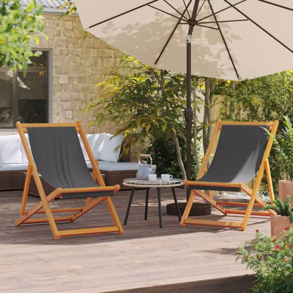 Berkfield Home Set of 2 Durable Folding Beach Chairs in Grey Fabric and Treated Hardwood – 2