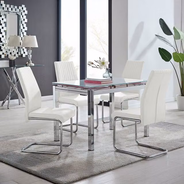 FurnitureboxUK Enna White Glass Extending Modern Kitchen Dining Table and 4 Lorenzo Chairs