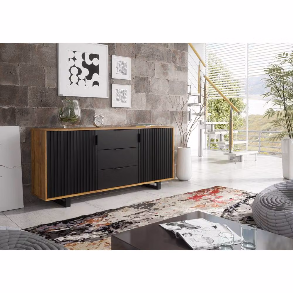 Creative Furniture Blackridge Sideboard in Dark Oak and Black with Fluted Doors and Drawer, W: 140 cm, H: 75 cm, D: 35 cm – 4