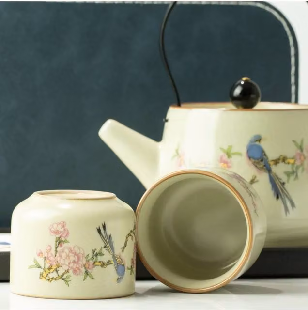 KDMD Blue Bird Qing Dynasty Ceramic Travel Teapot Set with Two Cups in Cream and Blue – 1