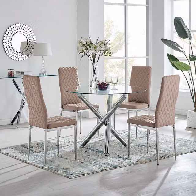 FurnitureboxUK Selina Round Glass Dining Table and Four Milan Dining Chairs in Beige and Brown