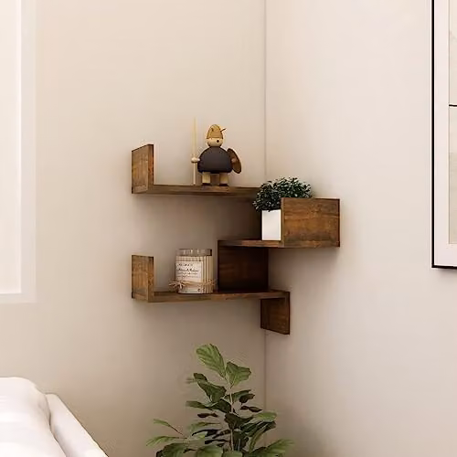 vidaXL L-Shape Corner Shelf with 1 Shelf, Brown, W/D/H: 40 x 40 x 50 cm, Wall Mounted, Modern Style – 4