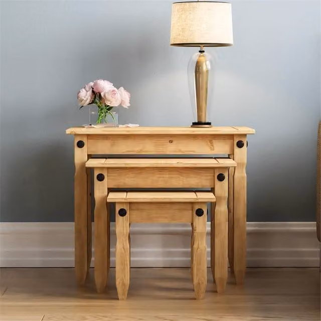 FORGEVIO Modern Waxed Wood and Metal Nest of Tables in Brown and Black