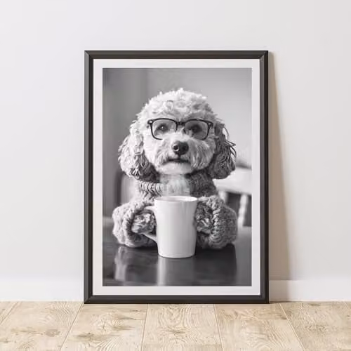 60 Second Makeover Funny Cockapoo Drinking Coffee Illustration Paper Poster, A3, Multicolour