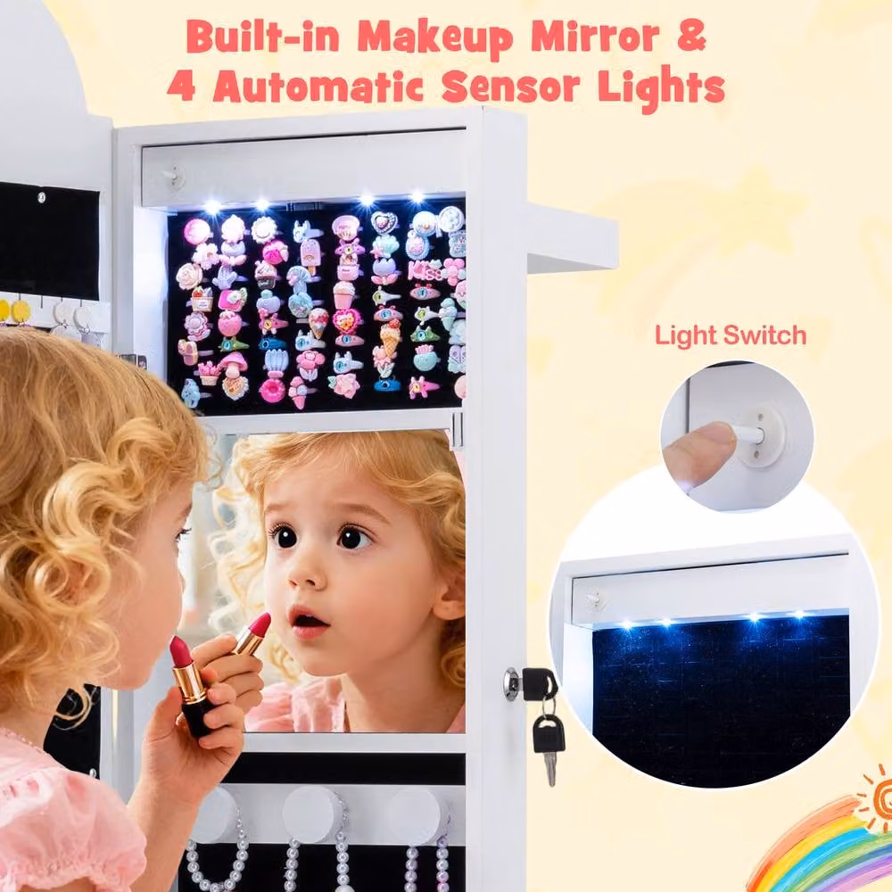 Gymax 3-in-1 Princess Jewellery Cabinet with Full-Length Mirror and Clothes Tree in White – 2
