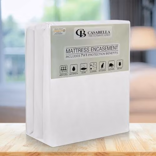 Casabella White Zippered Waterproof King Size Mattress Protector, Anti-Allergy and Mite-Proof, W/D/H: 153 x 200 x 30 cm