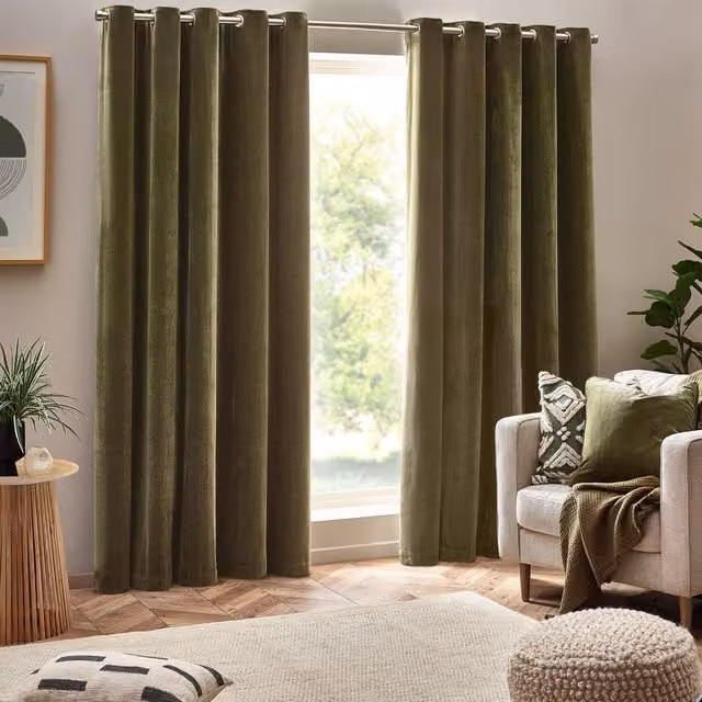 Terrys Green Chenille Velvet Eyelet Curtains, Opaque, Plain Modern Style