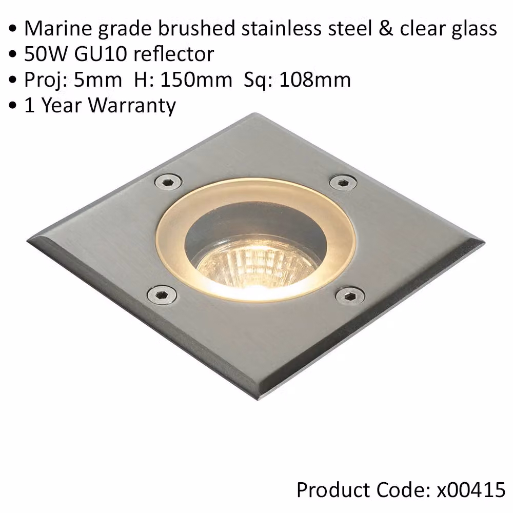 Loops 4 Pack Marine Grade IP65 Square Recessed Ground Light, 50W GU10, Silver Stainless Steel – 2