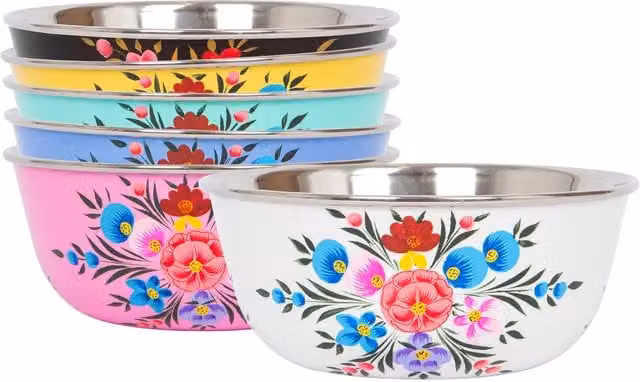 BillyCan Set of 6 Multicolour Floral Stainless Steel Picnic Snack Bowls, Diameter: 14.5 cm